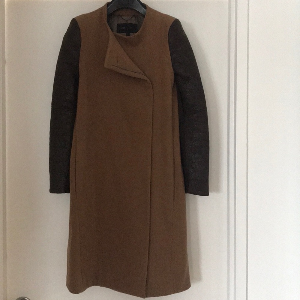 BCBG Brown Wool Faux Leather Two Tone Coat Sz XS